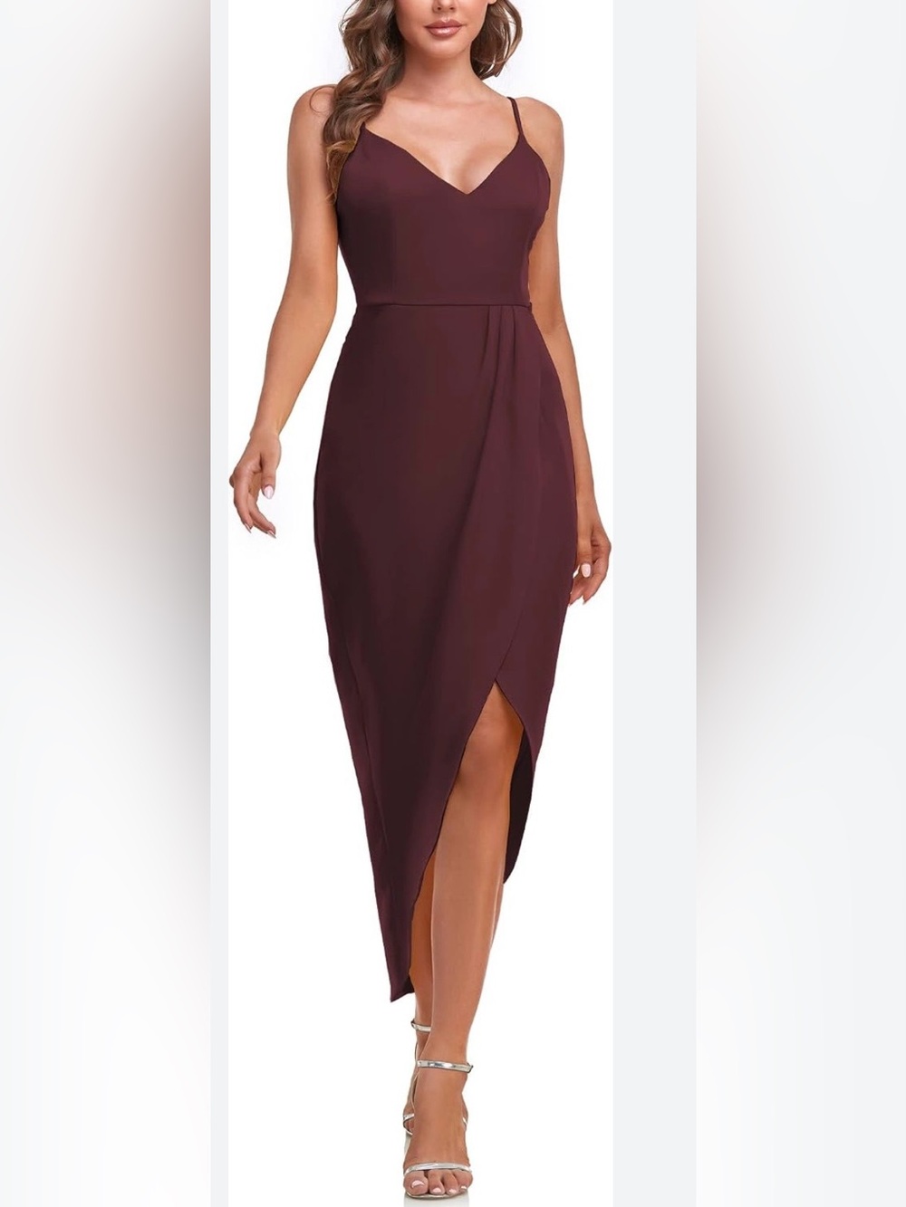 CMZ2005 Wine Burgundy V-Neck Draped Wrap Midi Cocktail Party Dress Size M